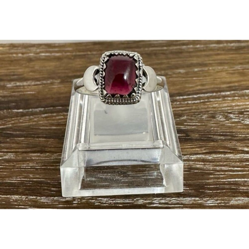 Handmade Sterling Silver Garnet Ring with Moons on Sides Sz 9.75